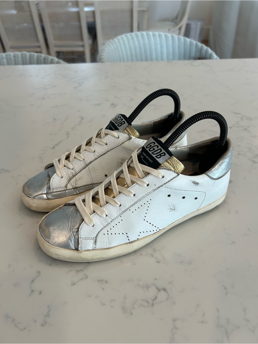 Women's Golden Goose GGDB Superstar White Silver Gold Perforated Star EU 38